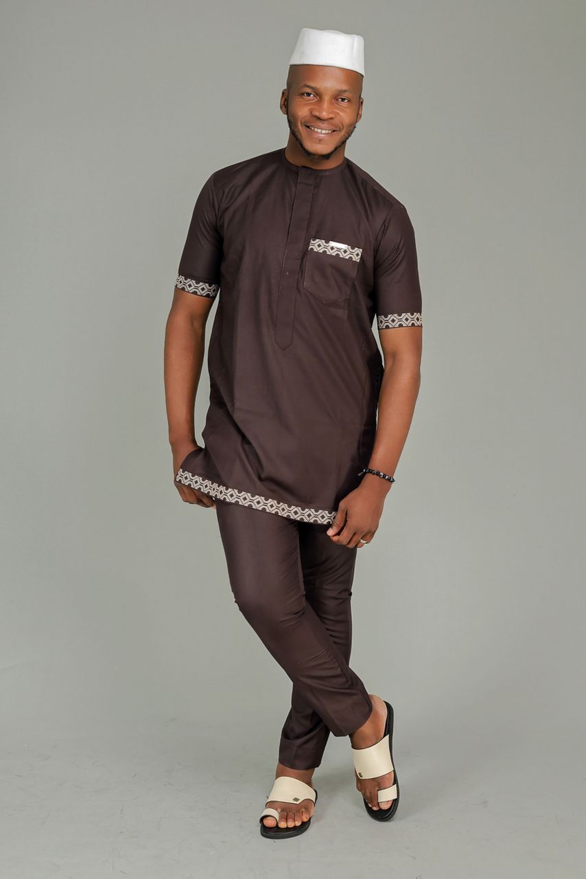 Ensemble Boubou Moderne Marron | Tunique Manches Courtes Homme