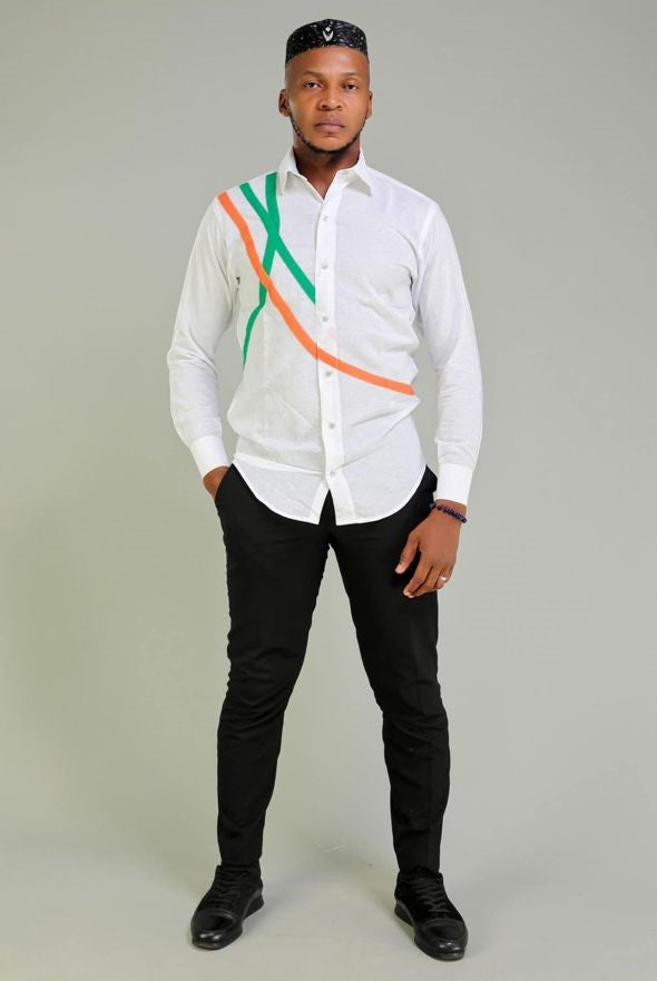 Chemise Héritage Slim Fit – Blanc Impeccable avec Courbes Orange & Vert