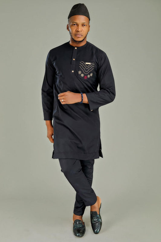 Ensemble Tunique Ébène Prestige – Noir Profond & Broderies Signature