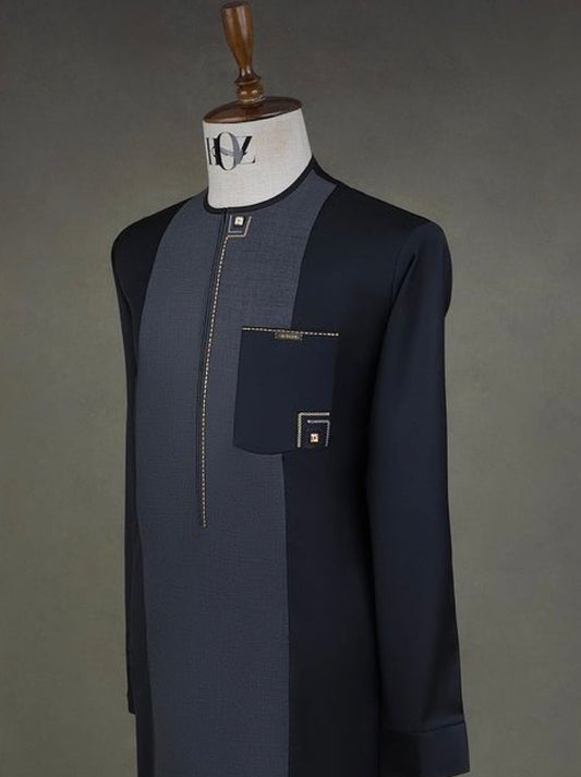 Tunique Homme L'Élite – Noir & Gris Charbon avec Broderies de Précision