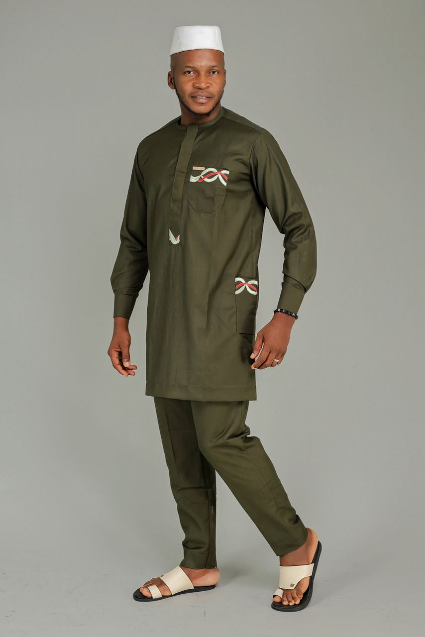 Ensemble Boubou Africain Moderne Vert Kaki | Tunique Stylée Homme