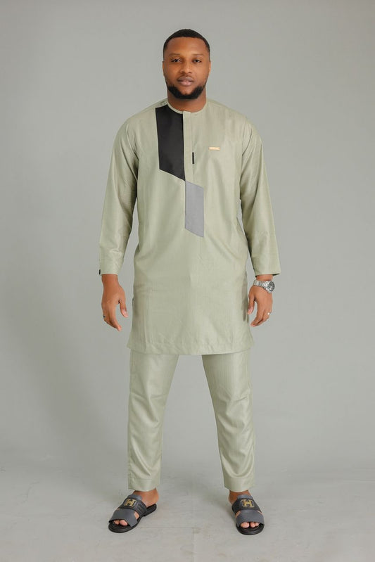 Ensemble Boubou Moderne Vert Pastel | Tunique Longue Design Asymétrique
