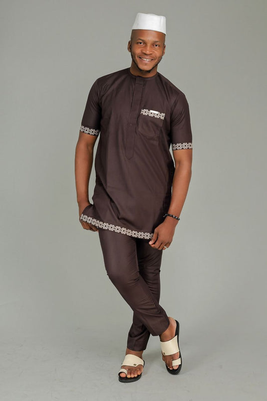 Ensemble Boubou Moderne Marron | Tunique Manches Courtes Homme