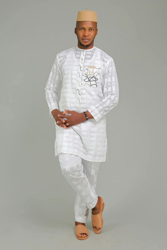 Ensemble Traditionnel Homme Blanc – Style Épuré avec Poche Brodée