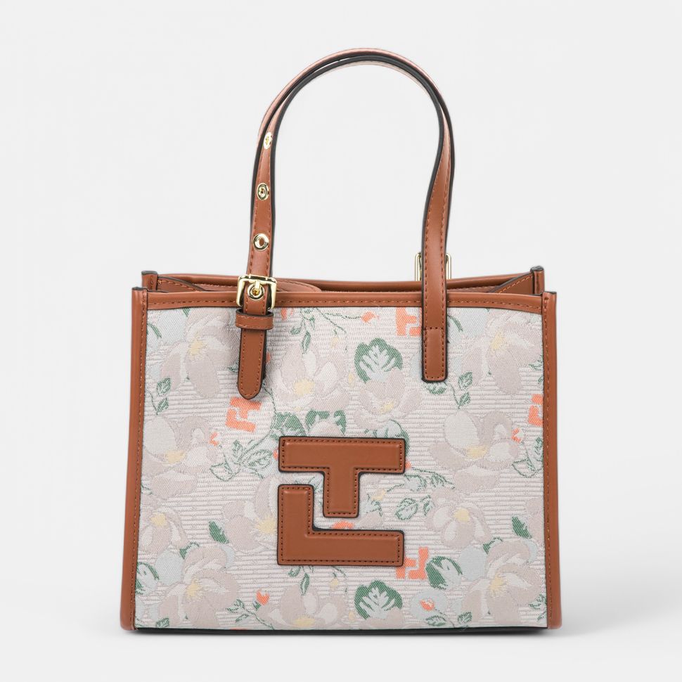 Sac Cabas Signature Florale – Toile Imprimée & Finitions Cuir Cognac