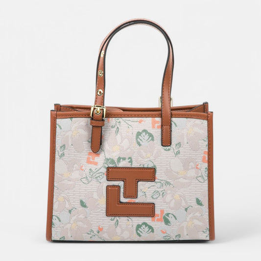 Sac Cabas Signature Florale – Toile Imprimée & Finitions Cuir Cognac
